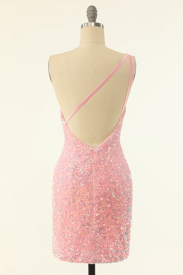 Pink One Shoulder Sequins Tight Cocktail Dress